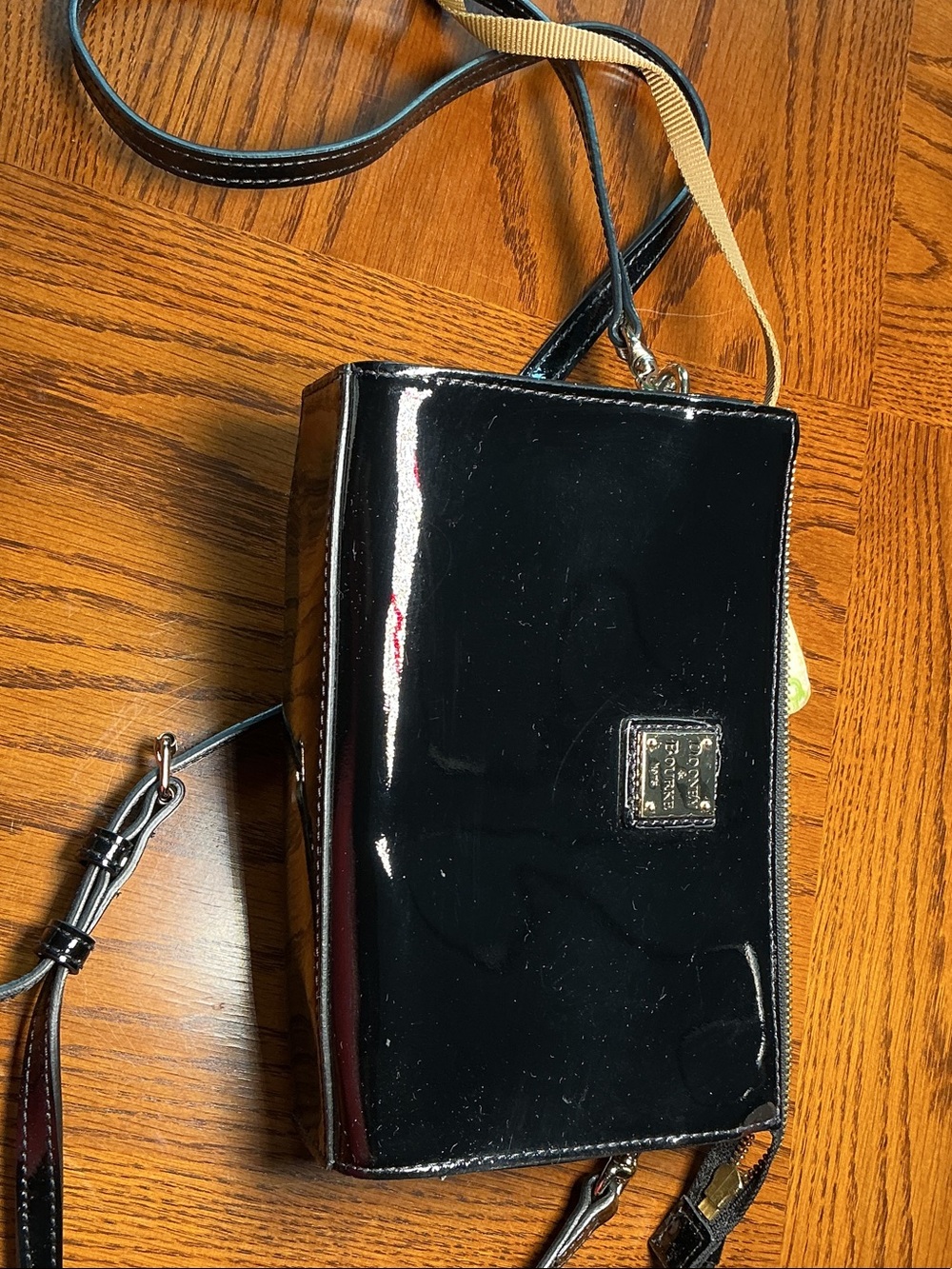 Black Patent Crossbody Bag with Logo Plaque
